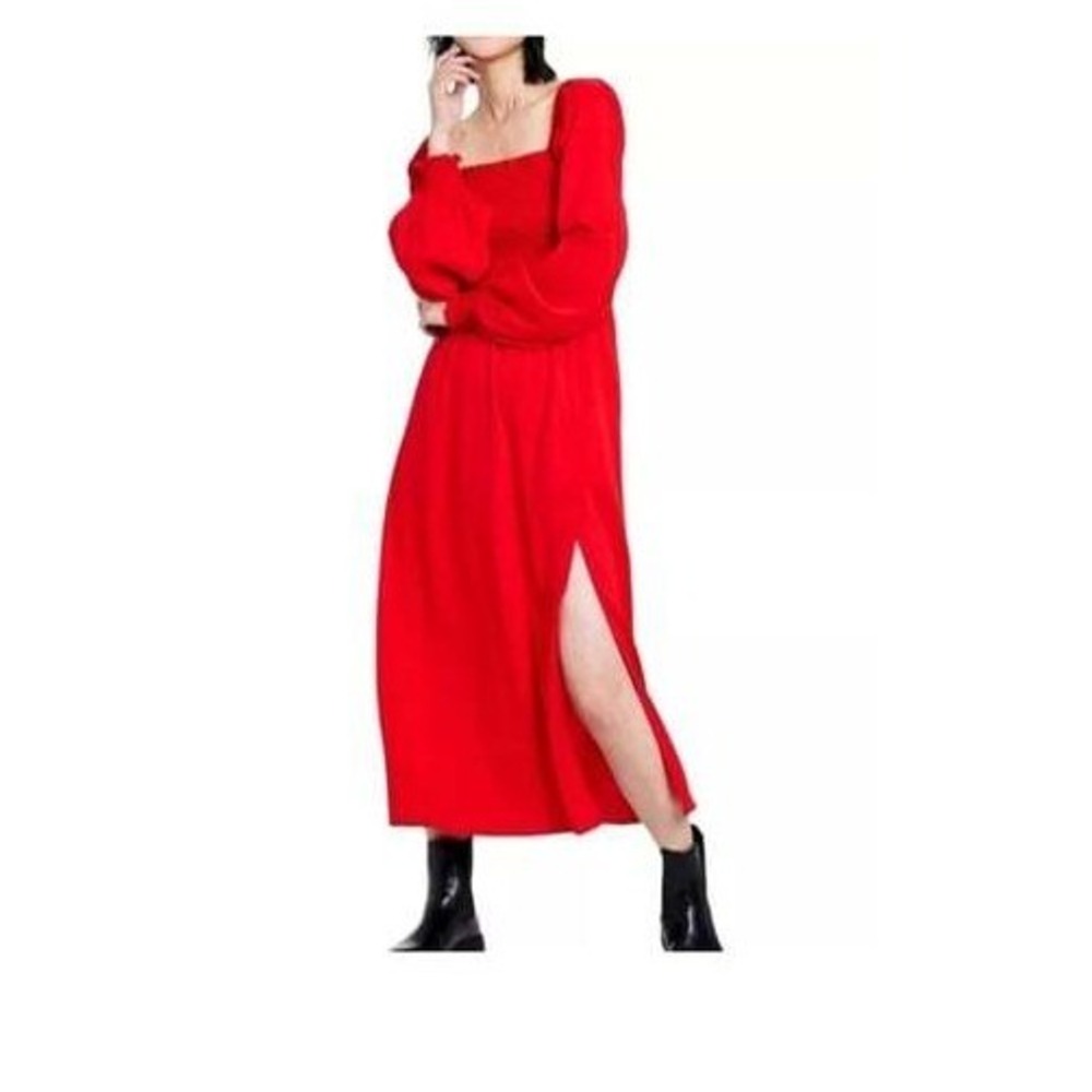 La Ligne Target Smocked Midi Dress 3X Red Cottagecore Balloon Sleeve Pockets